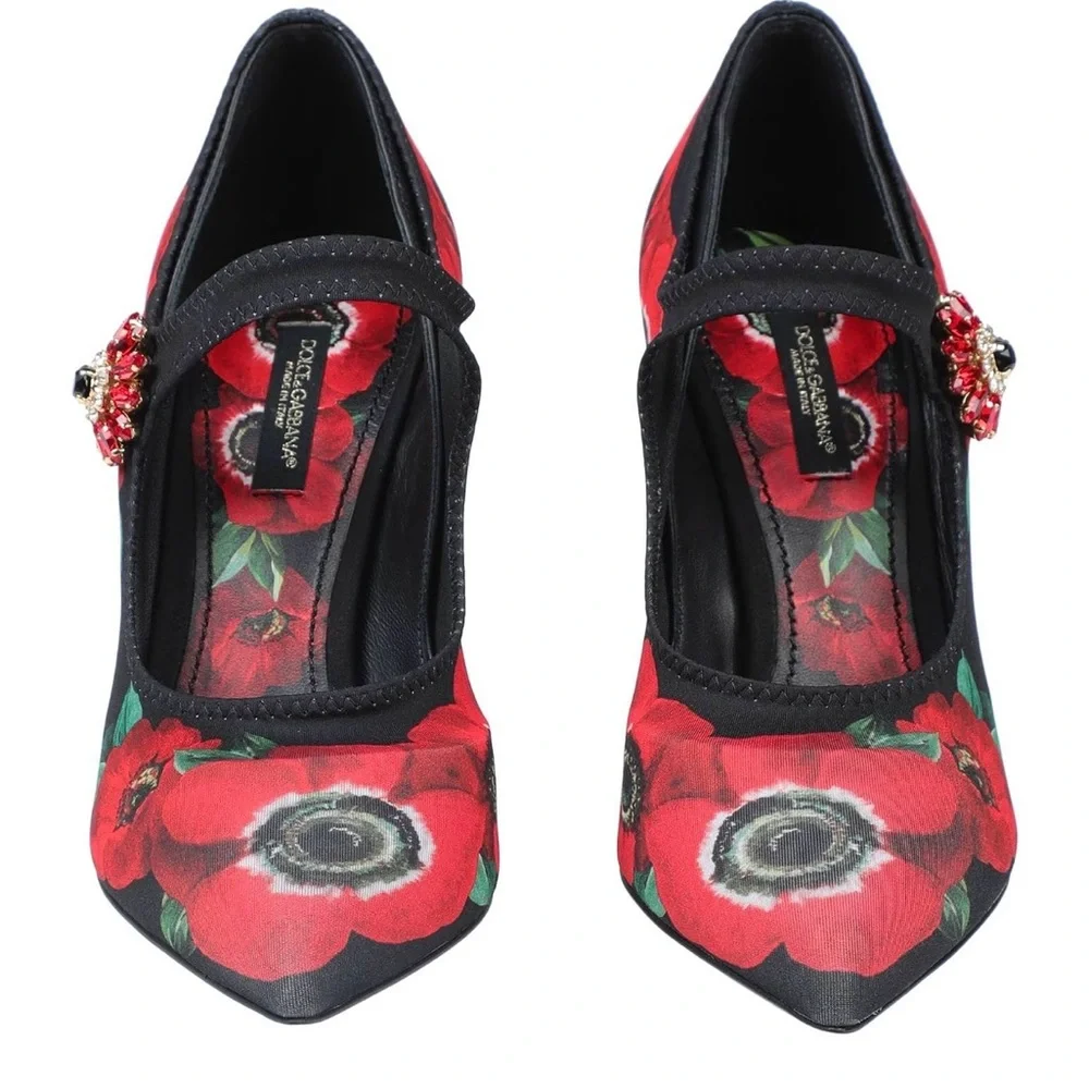 Dolce & Gabbana Black and Red Floral Heels with Brooch Detailing Embellishments - Picture 2 of 13